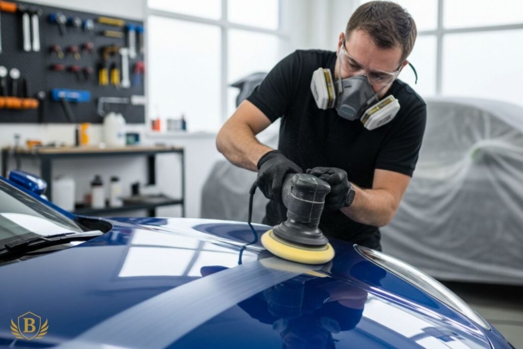 a professional auto body technician polishing or spray-painting a car inside a clean, modern workshop.