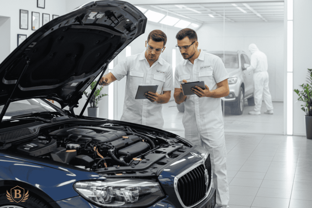 skilled technicians are inspecting a damaged car after an accident